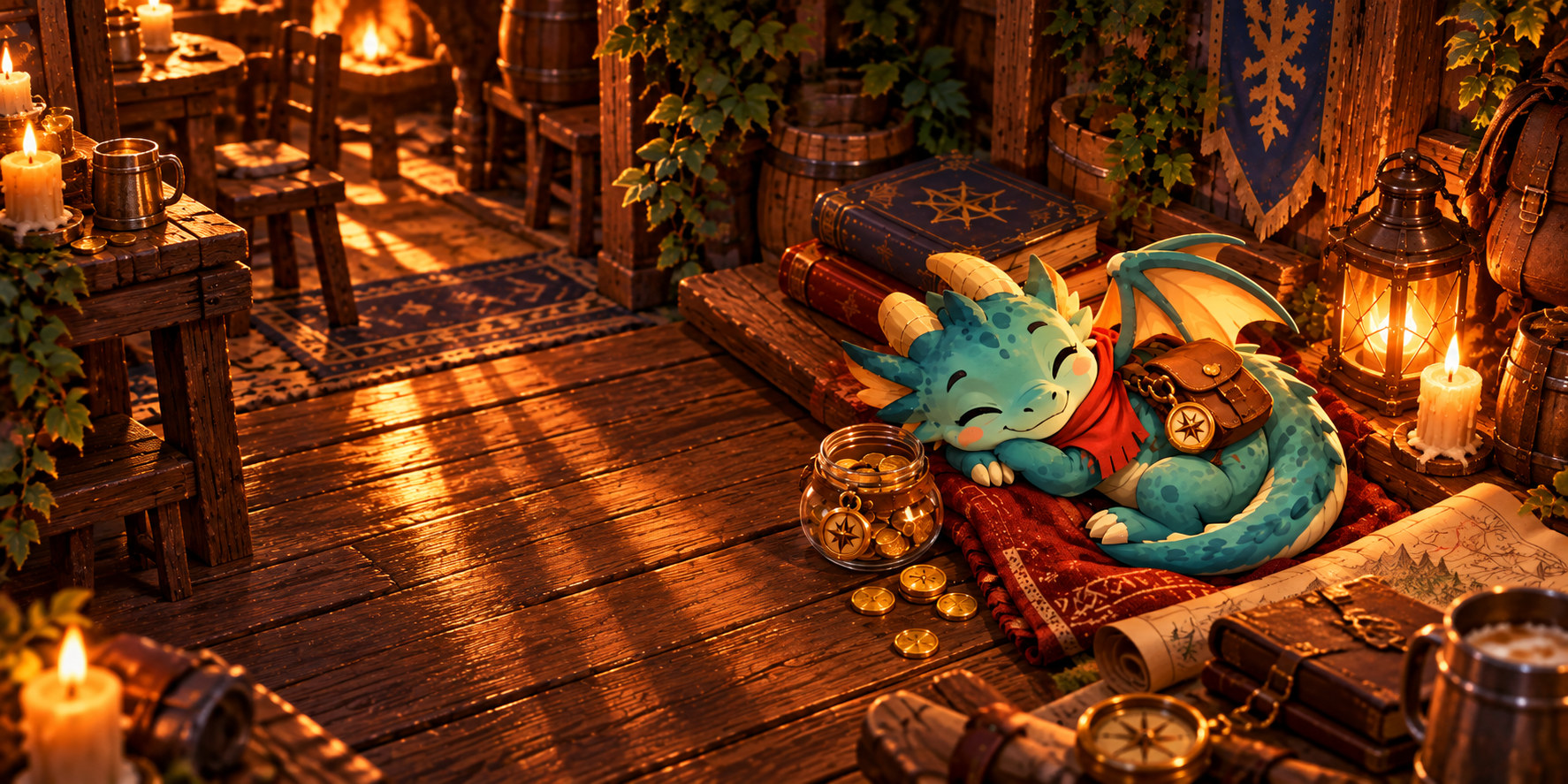 A small teal dragon asleep on a red blanket beside a glass jar of gold coins, in a candlelit corner of a tavern.